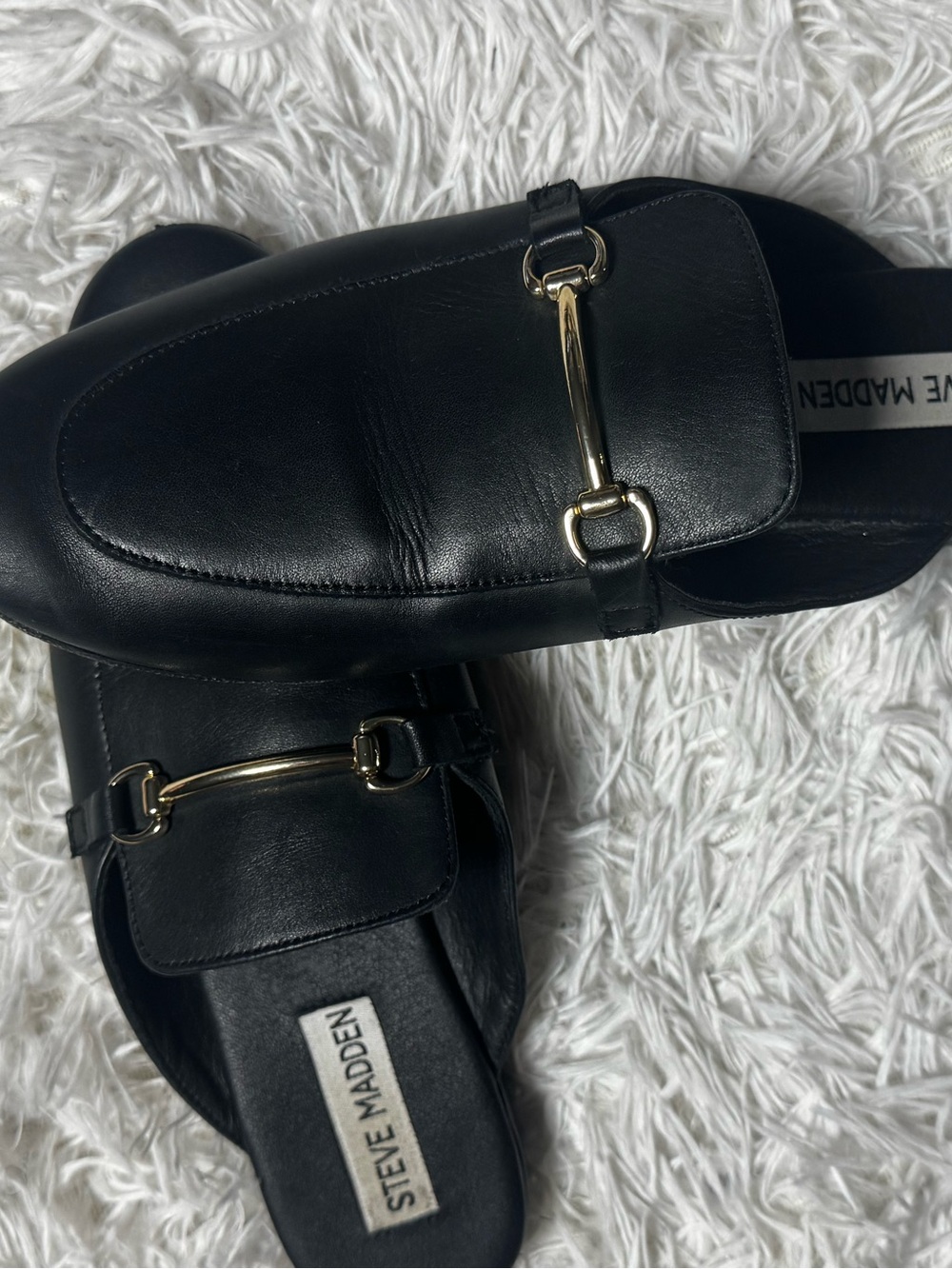 Steve Madden Black Leather Mule Slides with Gold Bit